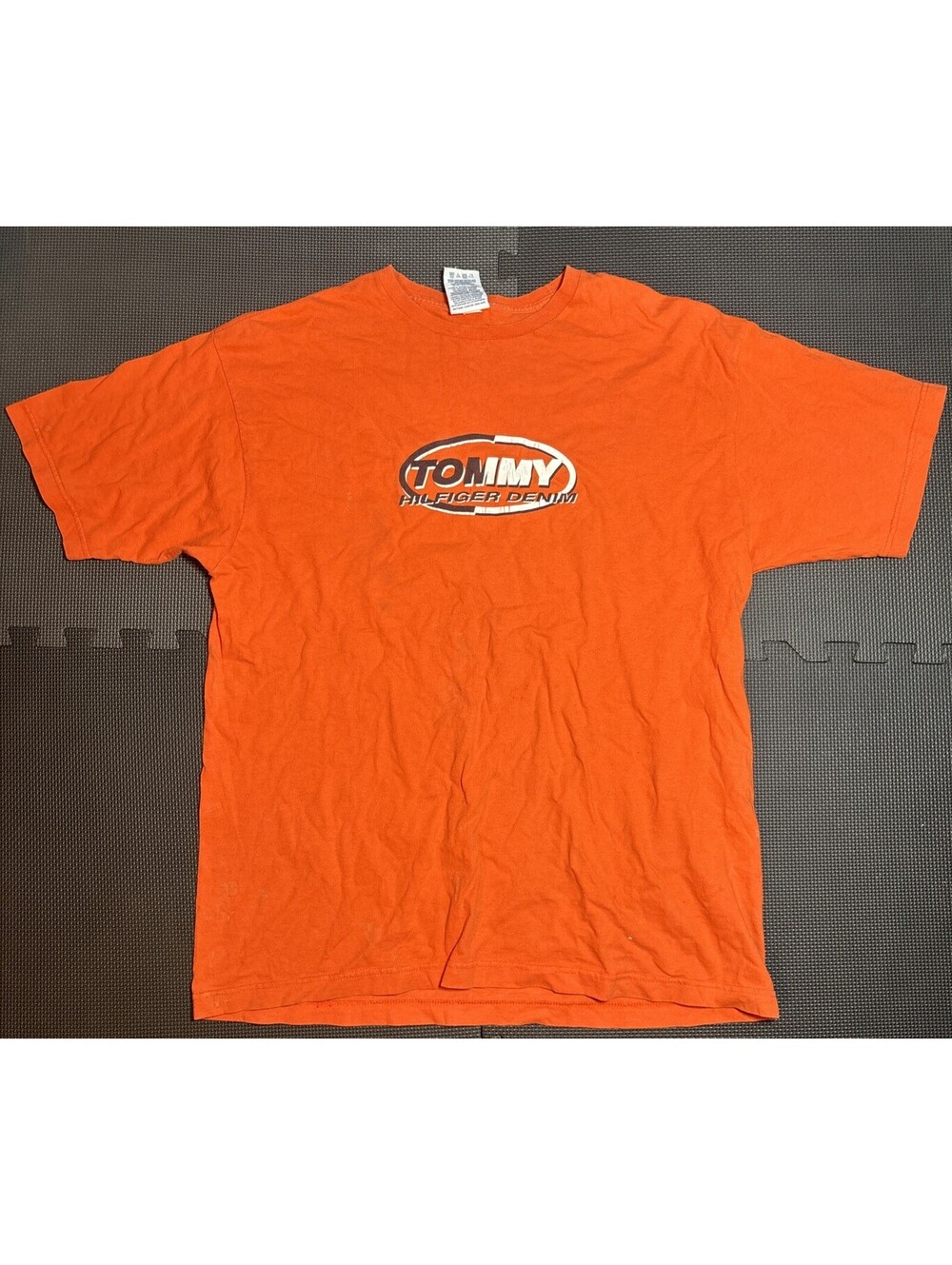 Vintage 90s Tommy Hilfiger Denim Embossed Spell Out Logo Orange T-Shirt Mens L